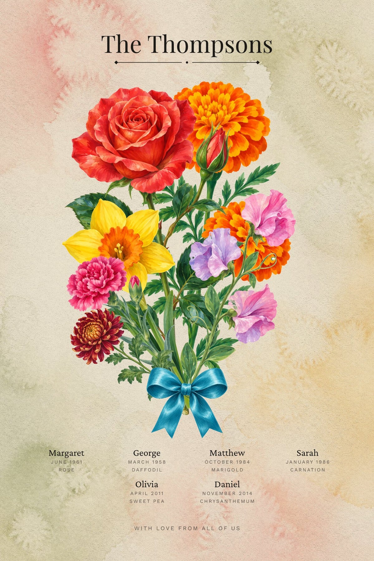 A birth flower garden print: six painted stems — a rose, a daffodil, marigolds, a carnation, sweet peas and a chrysanthemum — gathered and tied with a ribbon, each family member's name and birth month beneath, under the title The Thompsons.