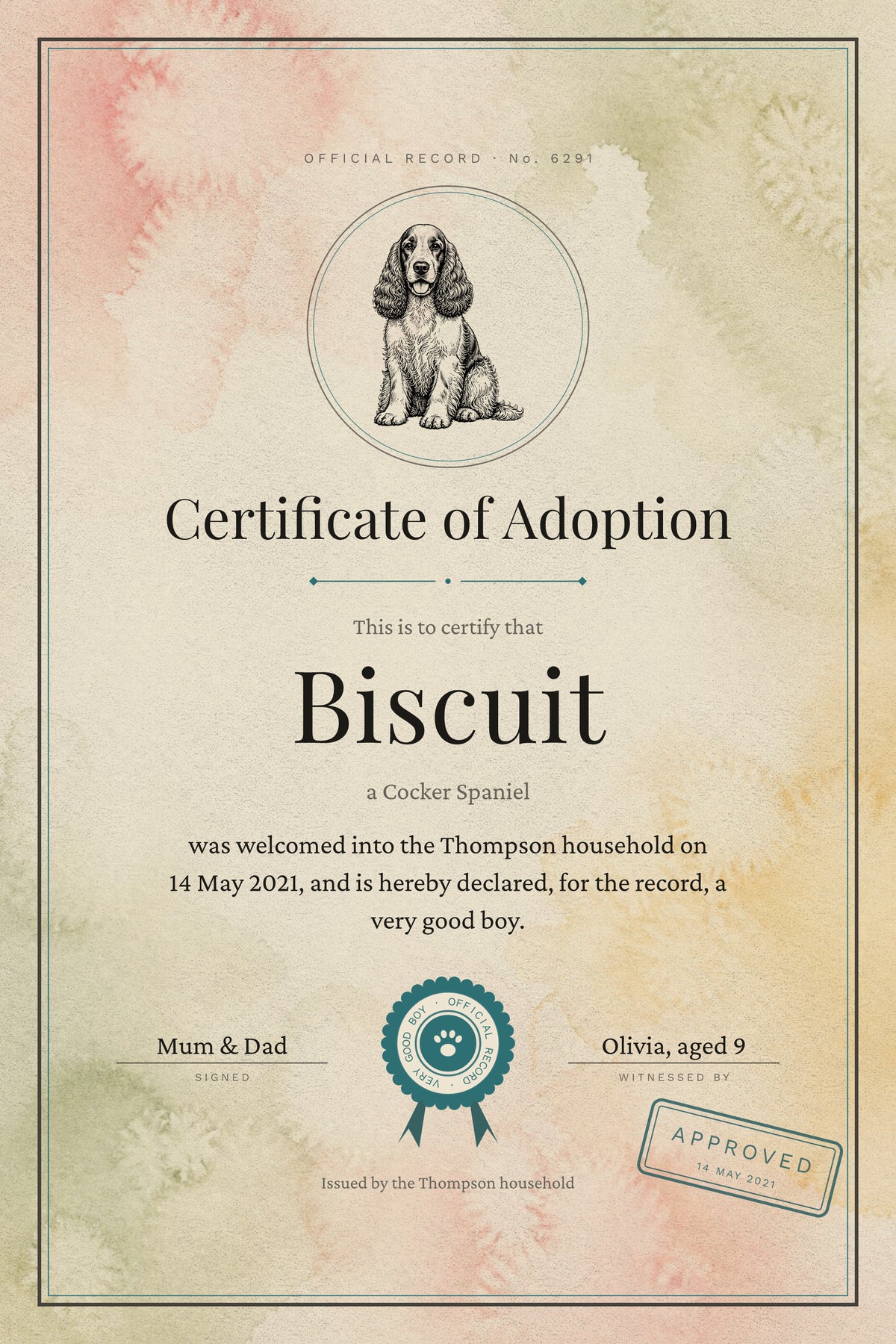 A pet's certificate of adoption on cream paper inside a double rule: an engraved cocker spaniel, Certificate of Adoption, the name Biscuit set large, the day he came home, the household's seal with a paw at its heart, two signatures and an inked Approved stamp.