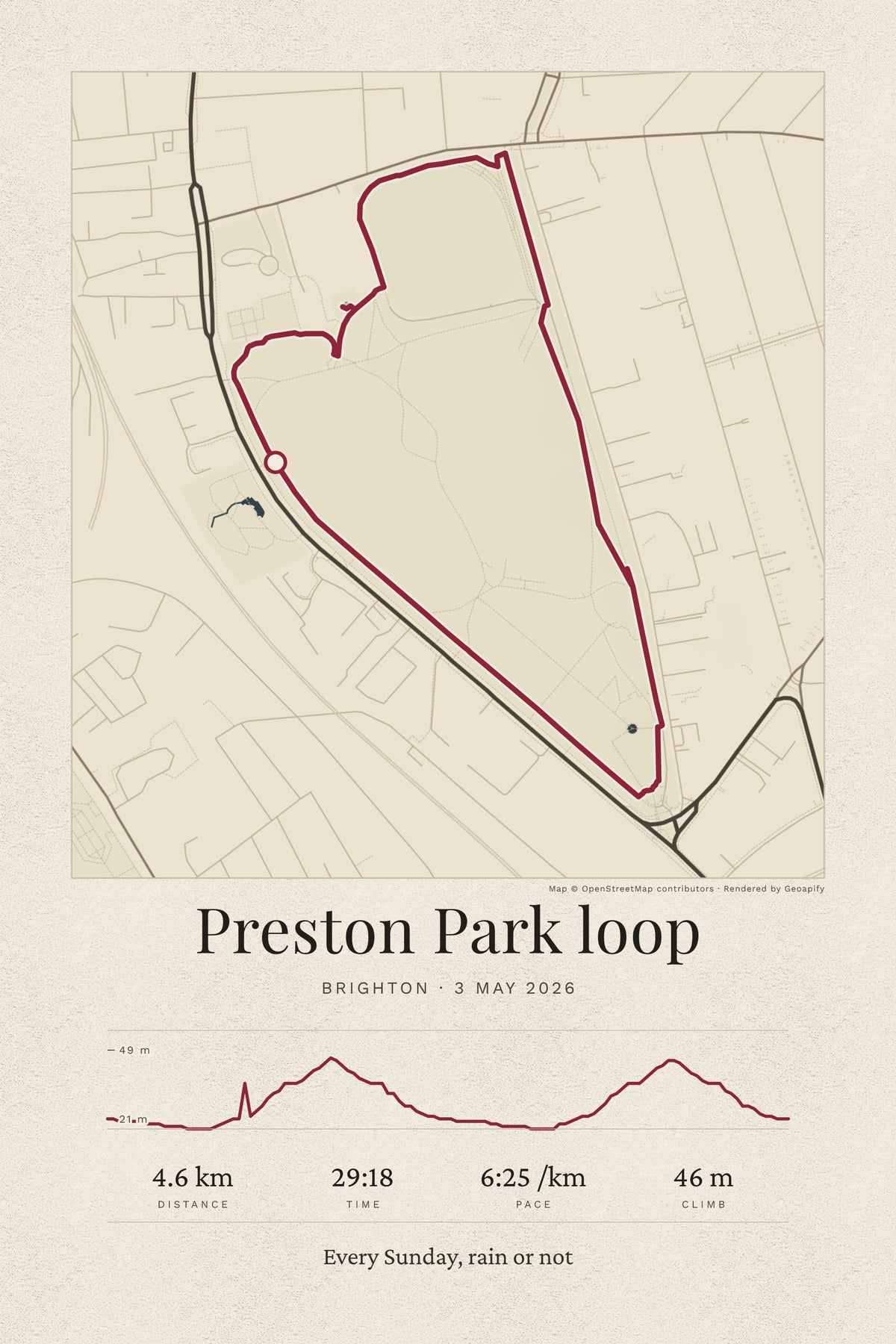 A route print: a Sunday loop drawn as a single line on cream paper, the title Preston Park loop beneath it, Brighton and the date in small capitals, the climb as a filled profile, and the numbers — distance, time, pace, climb — set in a row.
