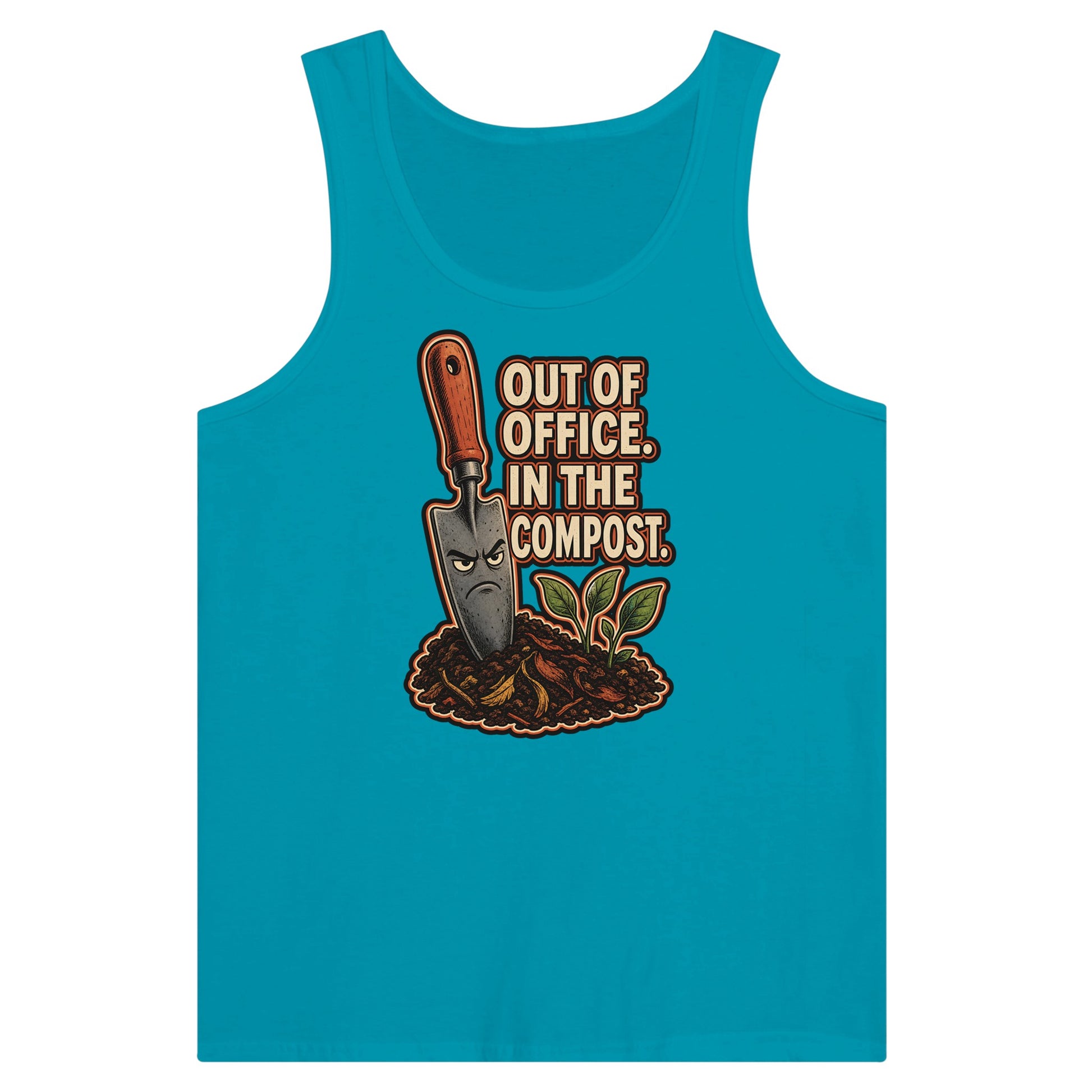 Out of Office, In the Compost Premium Unisex Tank Top — product view 2