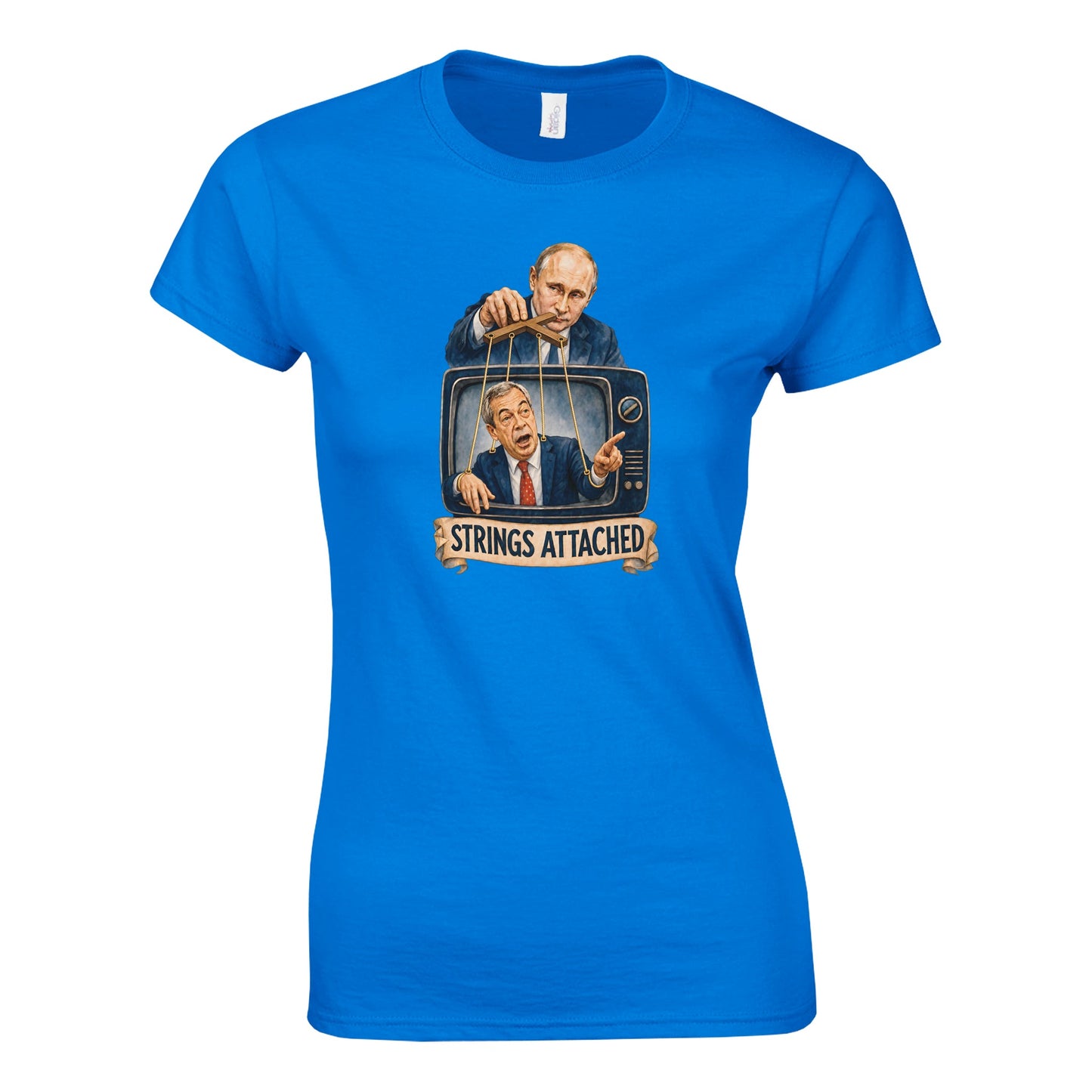 Strings Attached Political Satire Women's T-shirt — product view 7