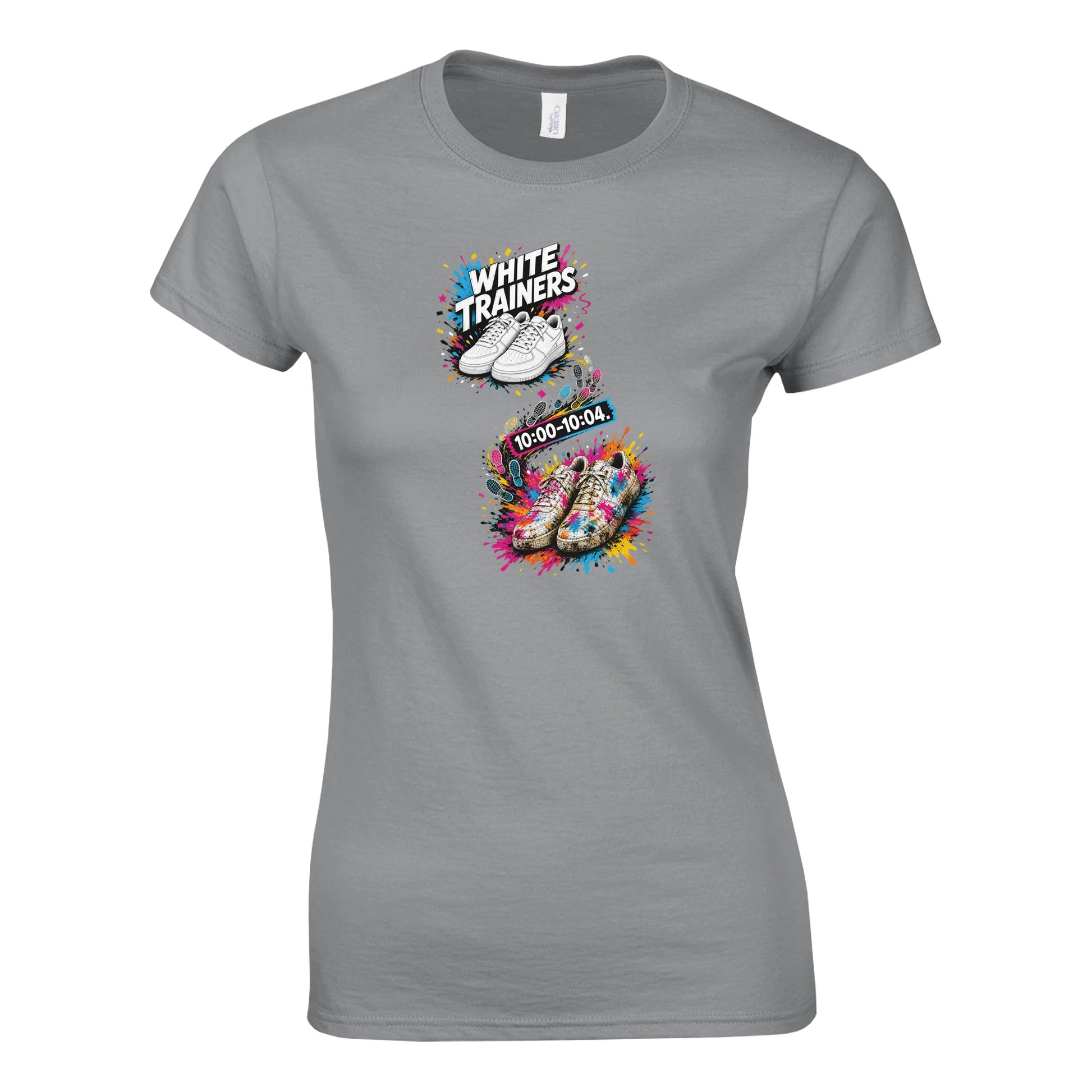 White Trainers: 10:00–10:04 Women's T-shirt — product view 10