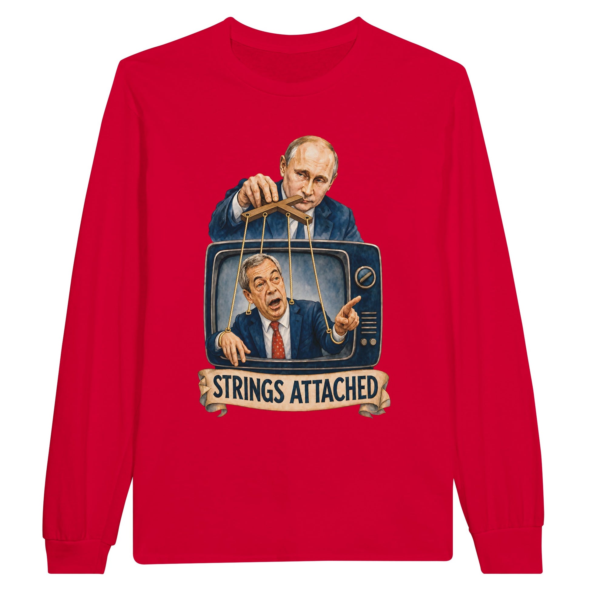 Strings Attached Political Satire Long-Sleeve T-shirt — product view 9