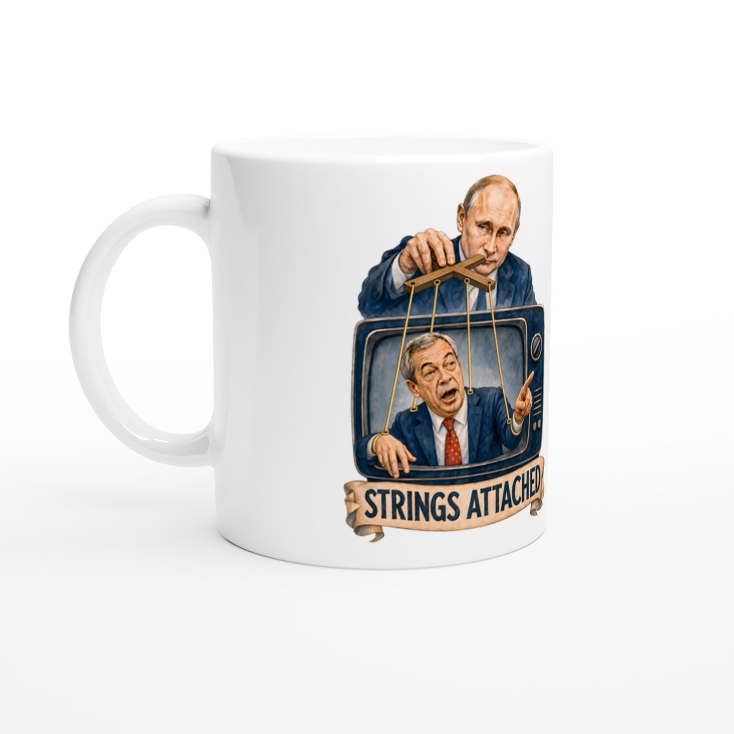 Strings Attached Political Satire Mug — product view 1