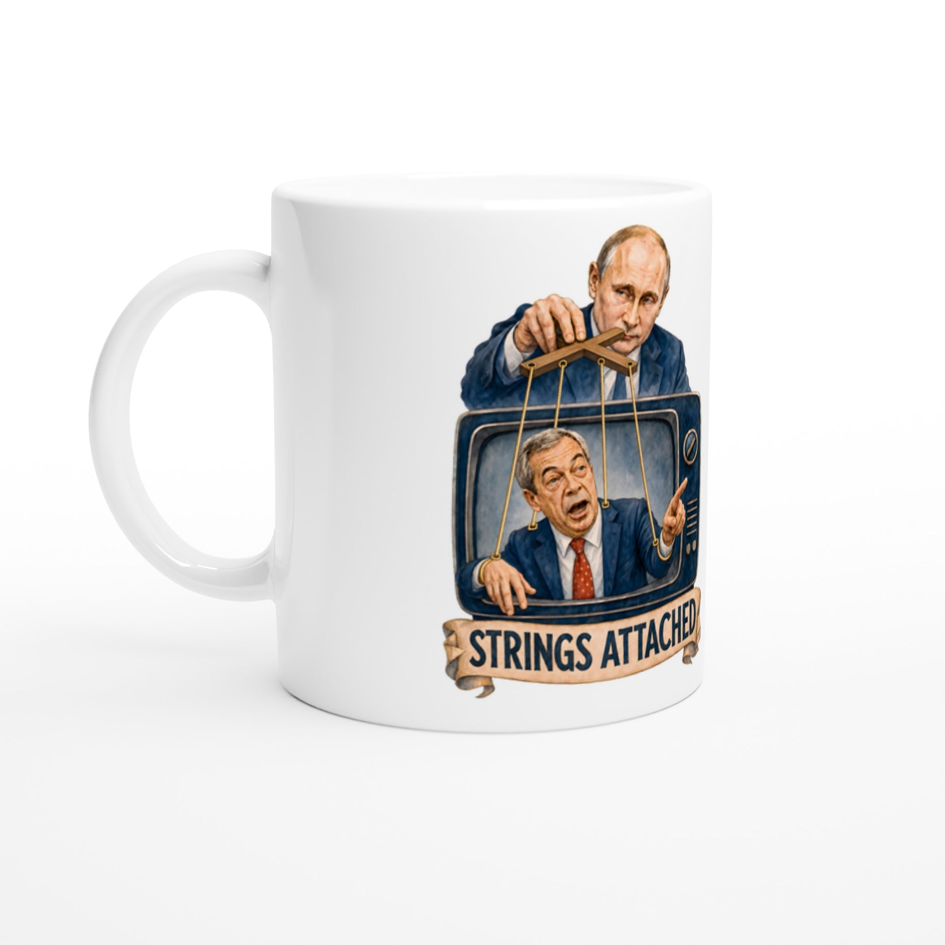 Strings Attached Political Satire Mug — product view 1