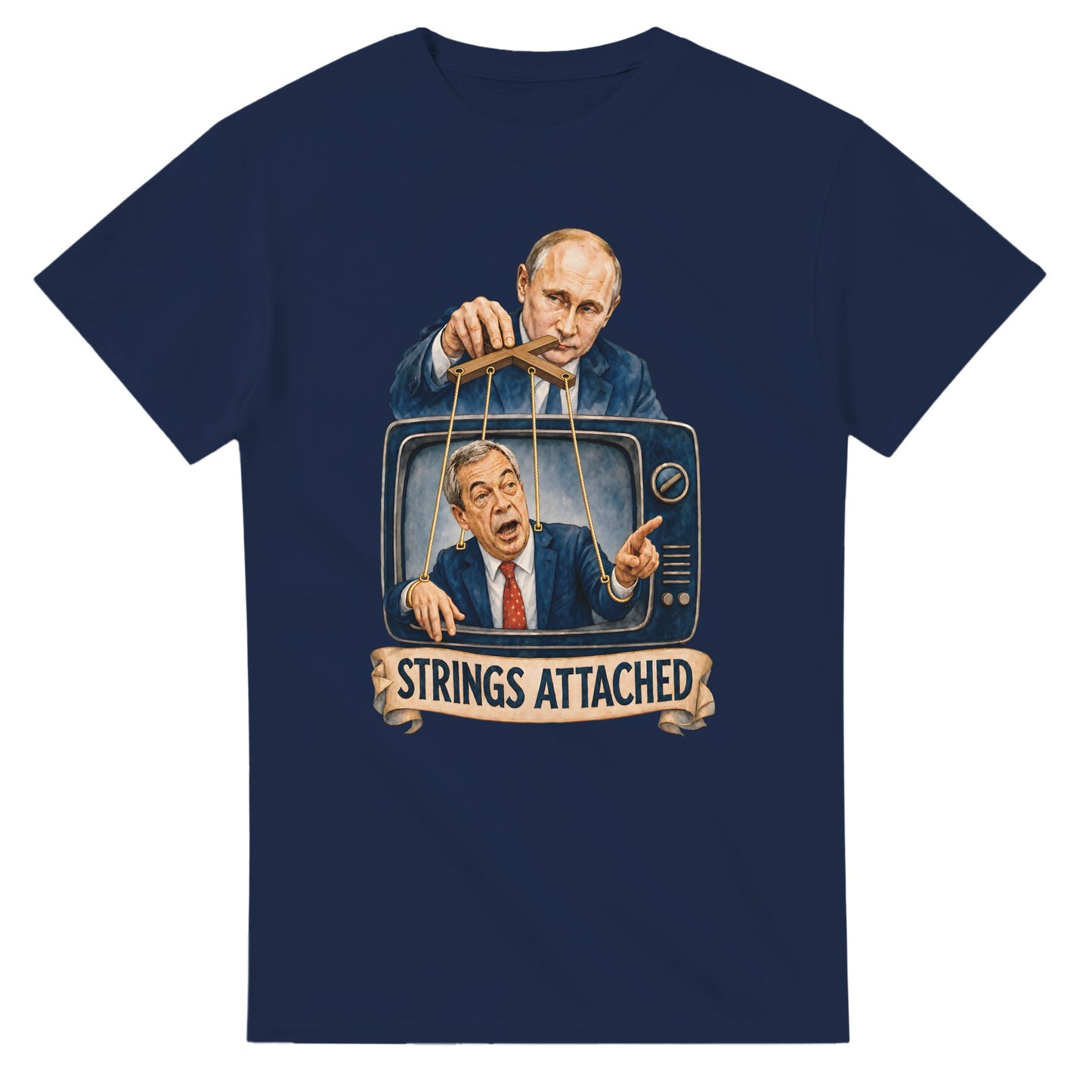 Strings Attached Political Satire T-shirt — product view 5