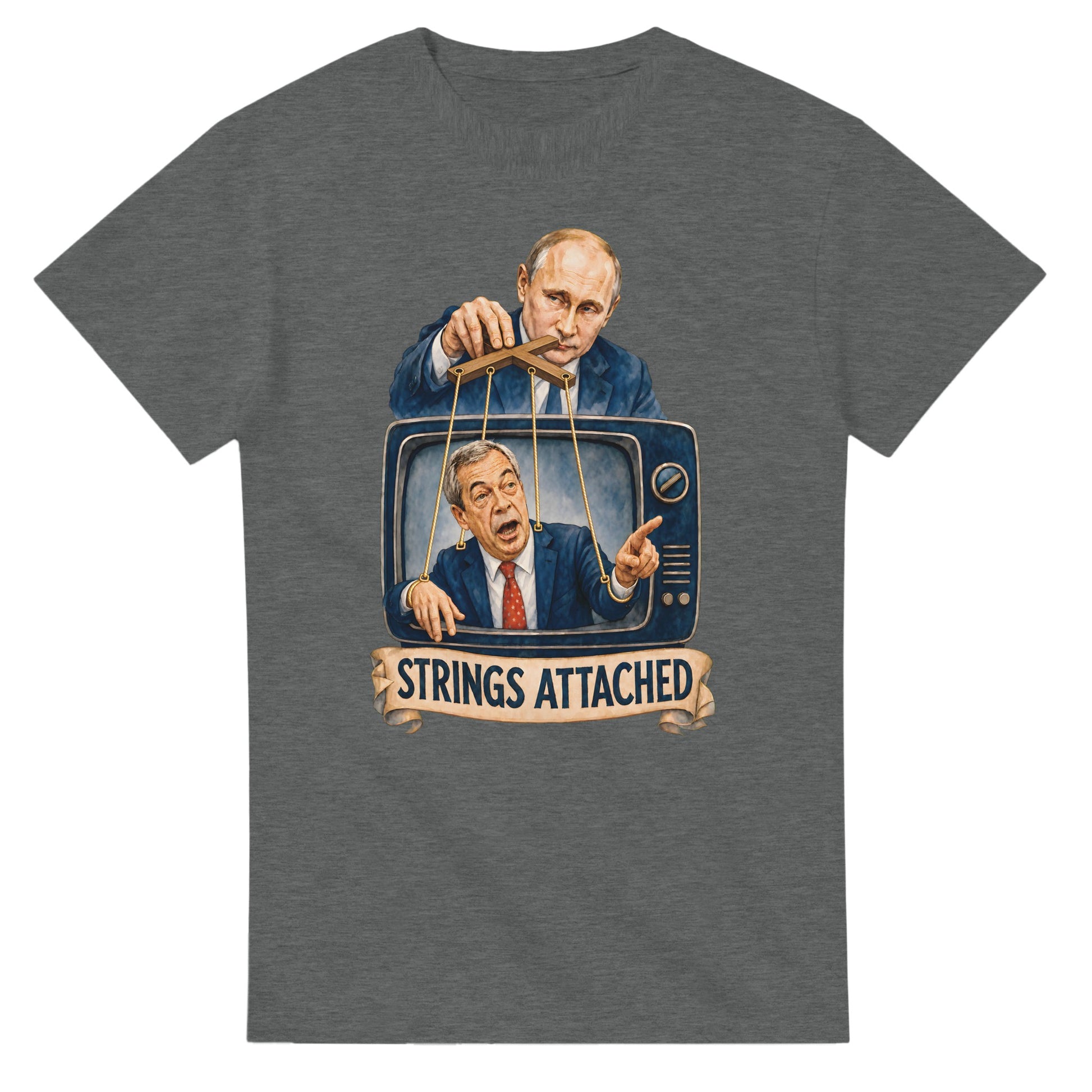 Strings Attached Political Satire T-shirt — product view 3