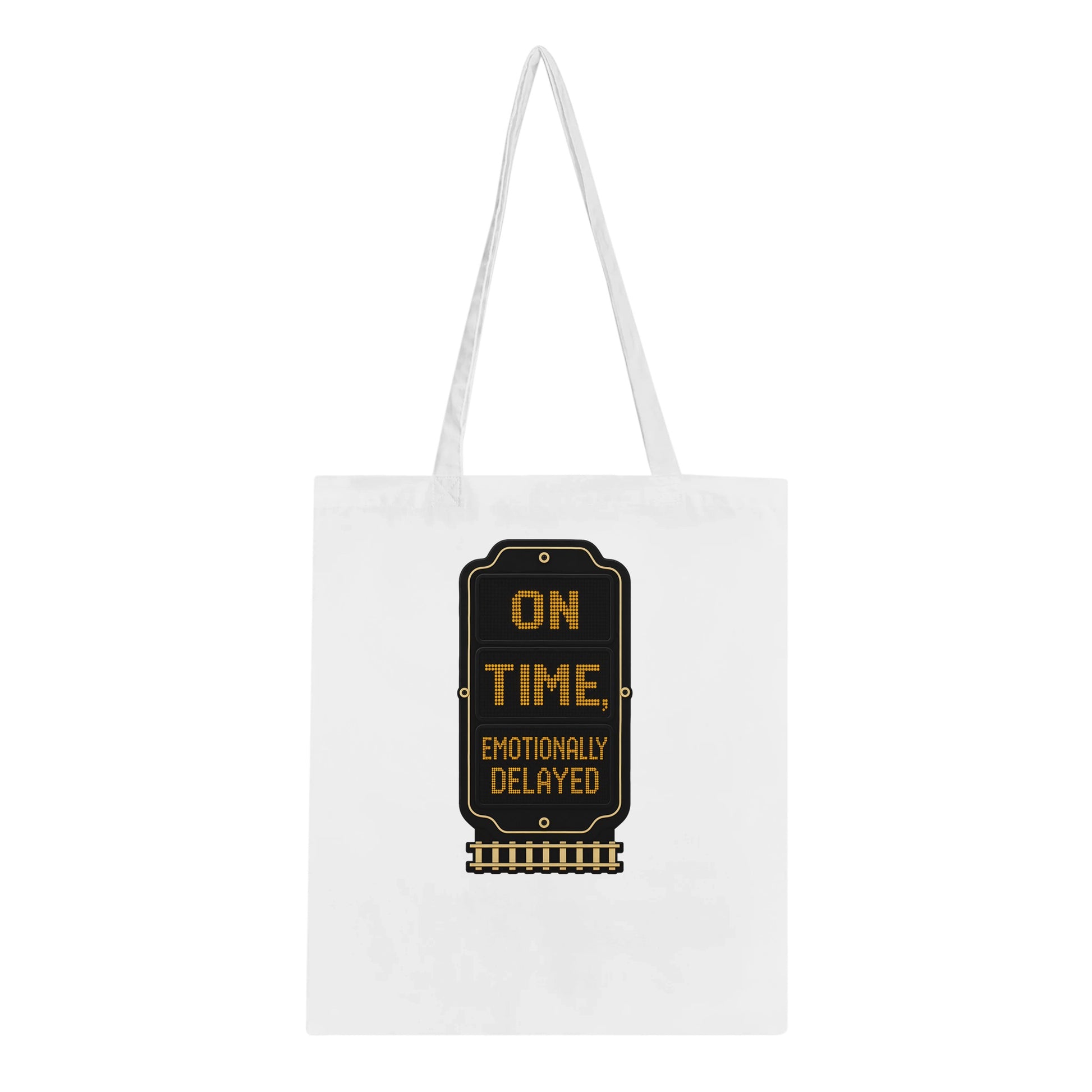 On Time, Emotionally Delayed Rail Graphic Tote Bag — product view 1
