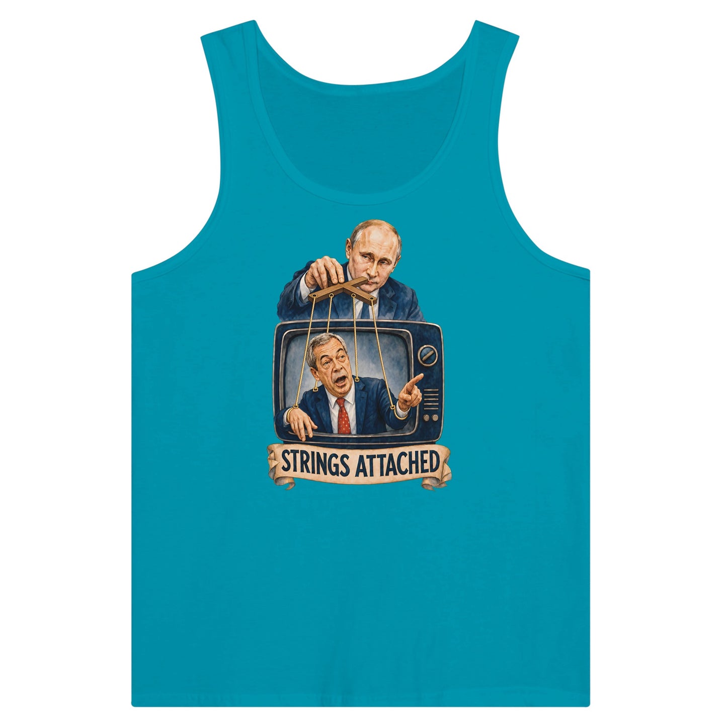 Strings Attached Political Satire Premium Unisex Tank Top — product view 2