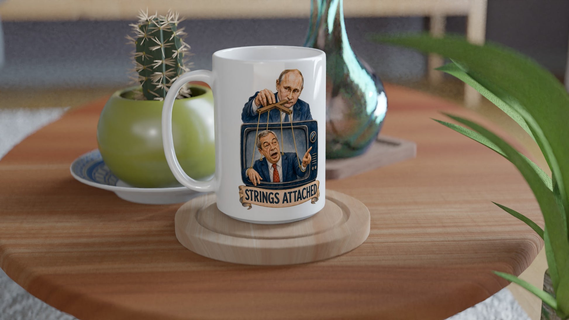 Strings Attached Political Satire Large Mug — product view 4