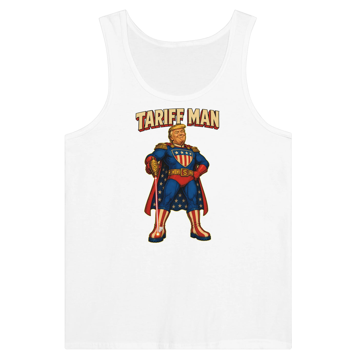 Tariff Man – Self-Shot Satire Premium Unisex Tank Top